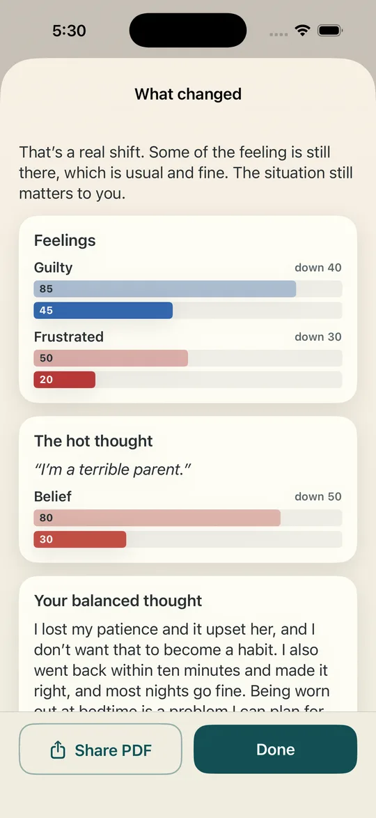 The What changed screen, showing guilt down from 85 to 45, frustration down from 50 to 20, and belief in the hot thought down from 80 to 30