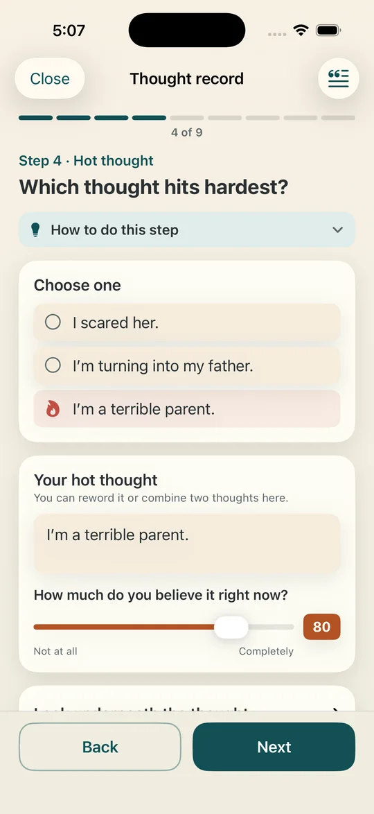The hot thought step, with three thoughts listed and one chosen, and a slider for how much it is believed
